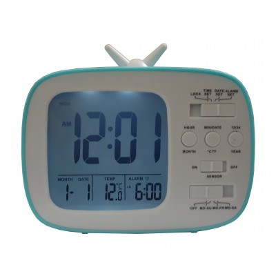 Ceas digital de masa , model Retro TV , afisaj 12/24 h , termometru , albastru