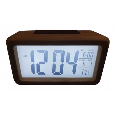 Ceas Electronic cu ecran LCD iluminat,termometru,alarma,bambus
