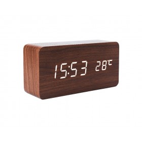 Ceas De Birou Cu LED , Wood Style , Afisare Temperatura , Data , Alarma , Lemn Maro