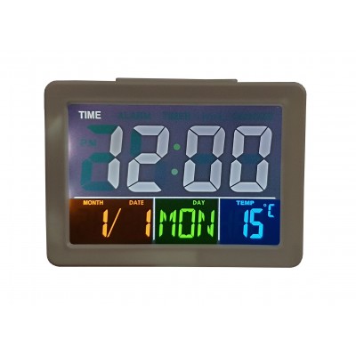 Ceas Electronic cu ecran LCD iluminat , termometru , alarma 8 tonuri , alb