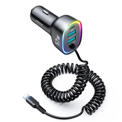 Incarcator Auto Joyroom 4 in 1, Quick Charge, 57 W, 2 x USB, Cablu Lightning Incorporat, Lungime 1,6m, Lumina LED, Negru
