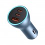 Incarcator Auto Baseus, Fast Charge, 2 x USB Type-C & USB, 65 W, Lumina LED, Design Compact, Albastru