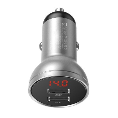 Incarcator auto Baseus  cu LCD, 2 x USB, 4.8A, 24W, afisare voltaj, compatibil 12-24V, argintiu