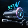 Incarcator Auto Joyroom 3 in 1cu Fir , Port USB & USB Type-C, 55W, Lumina LED, Lungime Fir 1.5m, Negru