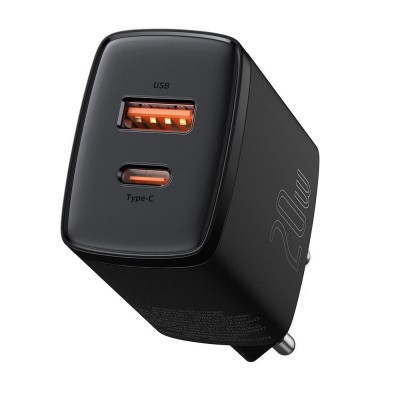Incarcator Retea Compact Baseus, 20W, Port USB, Port USB Type-C, 3A, Quick Charge 3.0, Negru