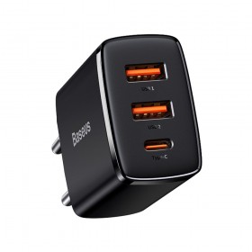 Incarcator Retea Compact Baseus, 30W, 2 X Port USB, Port USB Type-C, 3A, Quick Charge 3.0, Negru