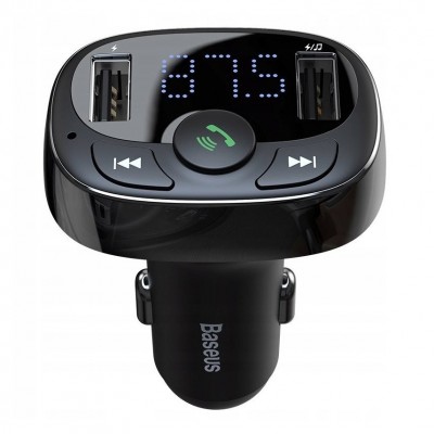 Transmitator FM Baseus cu Bluetooth, 2 USB, 3,4A, microfon integrat, player MP3 de pe stick sau card microSD, negru