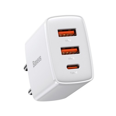 Incarcator retea, Baseus, Compact, USB tip C / 2x USB, 30W, 3A, Alb