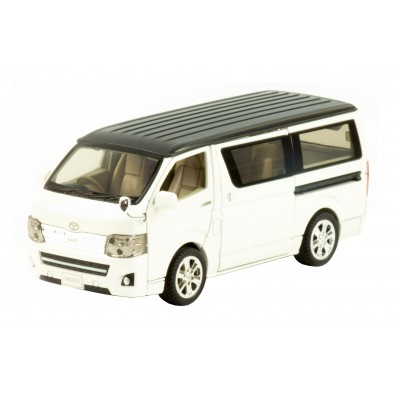 Masina Toyota Hiace cu usi, capota, portbagaj mobile, lumini, sunete, scara 1:32, lungime 16.5 cm, alb lucios