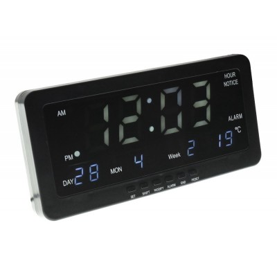 Ceas electronic cu afisaj digital cu LED alb elSales ELS-1008 cu alarma, termometru, data, negru
