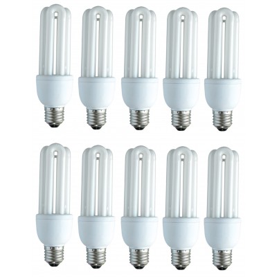 Set 10 Becuri Economice , Forma 3U , Alb , Fasung E27 , Intensitate 6400 K